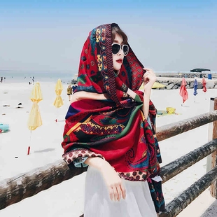 茶卡盐湖旅游拍照草原沙漠，防晒丝巾海边复古大红色，围巾披肩两用女