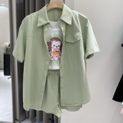 韩版时尚套装女夏季设计感小众宽松衬衫+背心+高腰短裤三件套
