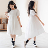 女童白色短袖连衣裙夏季韩版中大童前短后长公主裙小女孩燕尾裙子