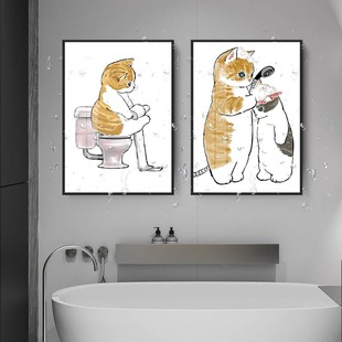 卡通猫咪卫生间装饰画现代简约浴室厕所挂画日式洗手间背景墙壁画