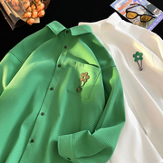 绿色衬衣女今年流行漂亮的花朵外套胖mm200斤大码宽松长袖衬衫潮