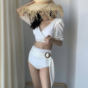 夏2021时尚小胸泡温泉白色仙法式分体泳衣韩版纯色bikini泳衣女