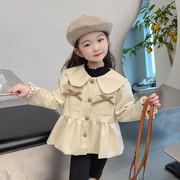 女童娃娃领外套秋冬装洋气，时髦儿童装中长款英伦，风皮衣女宝宝风衣