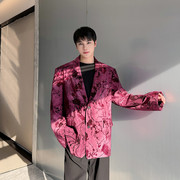 春季复古时髦植绒印花西服外套男设计感小众韩版网红炸街雅痞西装