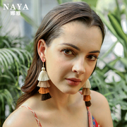 欧美流苏耳环女手工多层彩色，耳坠长款扇形波西米亚民族风耳饰品