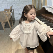 2023童装女童洋气时髦韩版雪纺长袖娃娃衫圆领纯色套头泡泡袖上衣