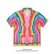 小众夏威夷沙滩风情宽松古巴领油画彩虹，短袖衬衫男女夏季套装衬衣