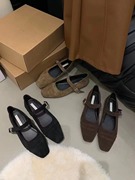 韩系方头低跟玛丽珍女鞋2024年初春季绒面拼接一字式搭扣单鞋