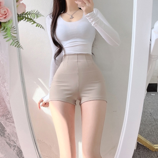 卡其色外穿三分短裤女夏季2024韩版紧身弹力高腰显瘦包臀热裤