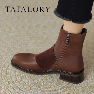 tatalory女靴复古气质短筒靴子粗跟百搭英伦风马丁靴2023秋冬季