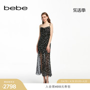 bebe2024夏季长款荡领印花透视开叉吊带雪纺连衣裙250078