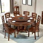 实木圆形餐桌椅组合家用10人吃饭桌带转盘中式雕花，橡木大圆桌子8