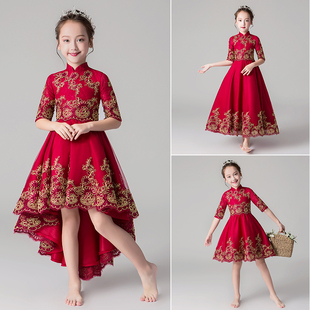 中国风花童礼服红色，公主裙女童生日，中式儿童主持人钢琴演出服秋冬