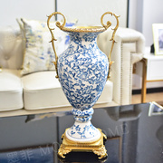 铜配瓷双耳青花瓷花瓶新中式创意酒柜电视柜玄关博古架装饰花