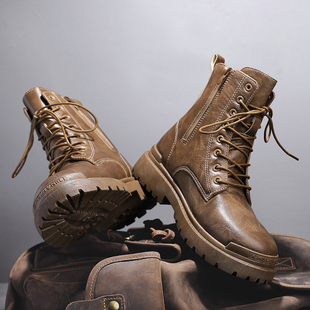 春季棕色马丁靴男款高帮复古英伦，风增高厚底皮靴男士机车工装靴子