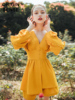 夏装泡泡袖超短连衣裙v领黄色连衣裙裤装两件套柠檬黄显白少女感