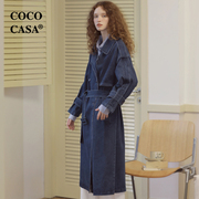 cococasa原创设计2024春秋蓝色牛仔，风衣女中长款系带欧货大牌外套