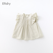 Elfairy女童夏装短袖儿童可爱小飞袖娃娃衫宝宝无袖衬衣纯棉洋气