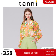 tanni女士衬衫印花雪纺衬衣设计感小众喇叭袖港风夏季TK11SH812A