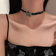 玫瑰颈带项链时尚水晶网红黑色花朵短款设计气质颈链锁骨链女装饰