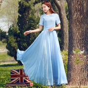 夏季蓝色娃娃领雪纺连衣裙女2024年长款大摆长裙气质收腰裙子