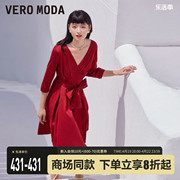Vero Moda连衣裙秋法式红色缎面时尚气质优雅V领收腰轻熟风