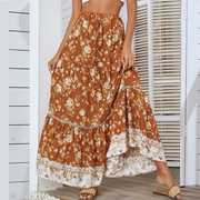 欧美夏季女装波西米亚，度假风惊艳印花系带，镂空棉绸大摆半身裙长裙