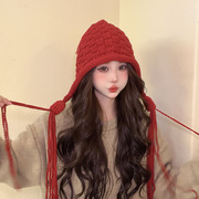 纯色流苏红色针织帽女甜美可爱学生护耳帽保暖冬季显脸小韩版帽子