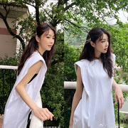 薛凯琪(薛凯琪)白色同款短袖，长款无袖漏背上衣圆领，宽松t恤套头休闲裙子新