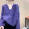 软糯慵懒风紫色毛衣外套女2023春秋气质温柔V领针织开衫上衣