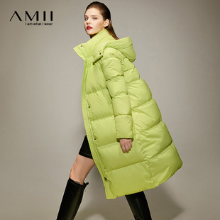 Amii2024冬季长款羽绒服带帽中长款大衣女加厚蓬松面包服外套