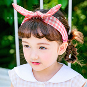 可爱女童蝴蝶结发箍荧光色，小格子韩国女孩发卡立体兔耳朵儿童头箍