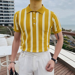 2024夏季男士修身黄色条纹针织衫薄款商务休闲POLO衫Men T-Shirt