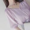 法式方领设计感小众洋气衬衫泡泡袖紫色收腰白雪纺上衣女短袖小衫