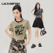 LA CRAWFISH辣妹美式复古印花正肩短袖T恤百搭抽绳修身短上衣女