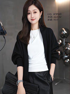 韩版休闲卫衣网红短款黑色长袖外套女圆领开衫，气质蝙蝠袖上衣