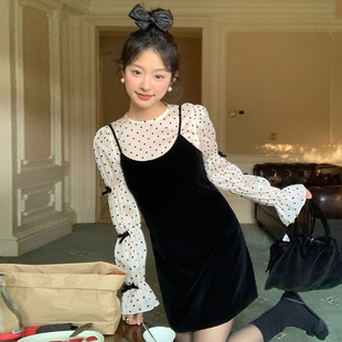韩国chic春季法式气质蝴蝶结，波点百搭长袖衬衫，+吊带连衣裙两件套