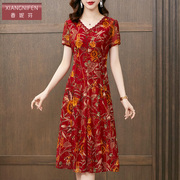 香妮芬红色台湾纱休闲连衣裙，女收腰遮肚子，2024夏季减龄妈妈装