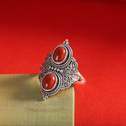 s925纯银复古尼泊尔雕花纹，天然南红玛瑙菱形个性，食指夸张开口戒指