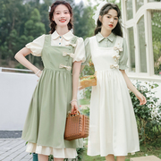 姐妹闺蜜装假两件套装，裙子夏季少女学生，学院风小清新衬衫式连衣裙