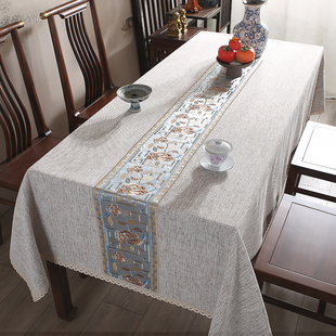 新中式桌布布艺棉麻轻奢高级感亚麻高端国风长方形防水餐桌台布