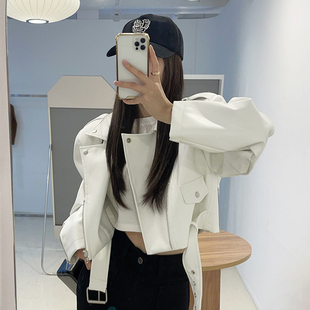 韩国chic早秋港风复古西装，领大口袋系带，收腰短款机车pu皮衣外套女