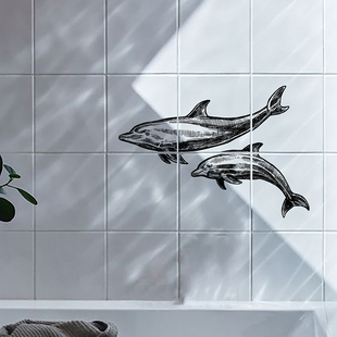 Funlife海洋生物黑白复古素描瓷砖贴纸厨房创意装饰墙贴防水防油