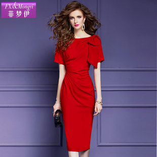 菲梦伊红色连衣裙女短袖夏季高端轻奢设计感小众气质性感褶皱裙子