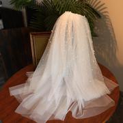 韩式求婚领证登记新娘头纱短款多层钉珠结婚纱，礼服新娘饰头饰超透