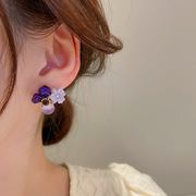 925银针镶钻猫眼石水晶紫色花朵，耳环韩国仙女，耳饰森系时尚耳钉女