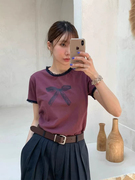 韩国chic夏季小众设计圆领蕾丝，木耳边蝴蝶结印花短袖t恤上衣