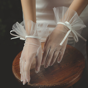 新娘手套白色蝴蝶结绑带短款网纱秋冬婚纱礼服，婚礼全指纱手套