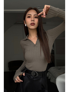 NEVA HU黑色v领长袖polo针织衫女2023韩版修身显瘦内搭打底衫
