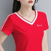 短袖t恤女红色棉2024年夏季运动妈妈半袖上衣，品牌v领体恤衫0109n